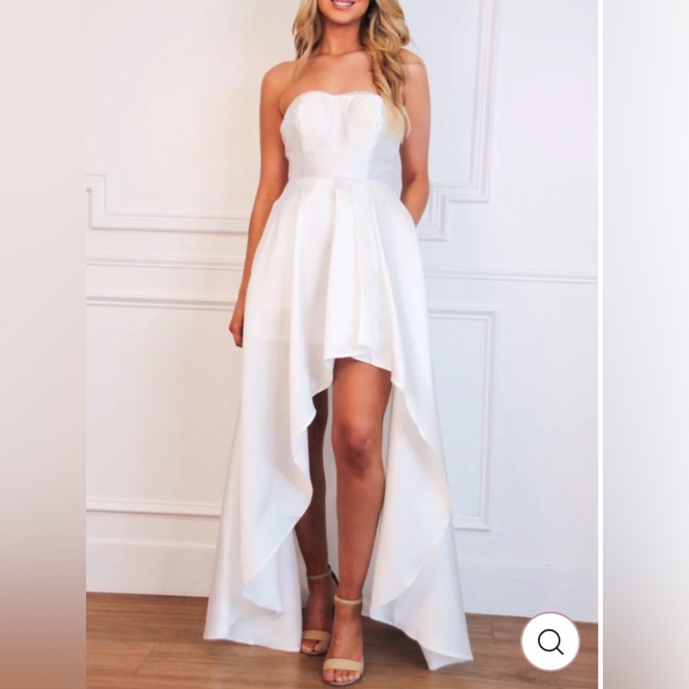 Strapless White High-Low Evening Dress
